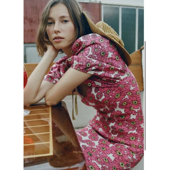 Zara Puff Off the Shoulder Sleeve Smocked Mini Dress in Pink Daisy size M - Picture 13 of 13